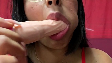 Sheila Ortega in sexy red lingerie CUMES playing with a DILDO