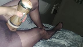 Cock in purple pantyhose