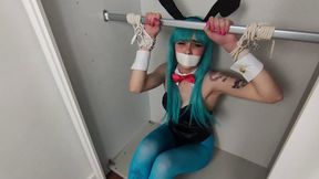 Hare Fuyu tied up and gagged inside a closet in her Bulma cosplay! - struggle, gag, bondage, muffled moans, fetish, cosplay, rope bondage, tape gag