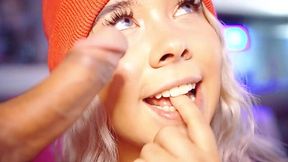 Lovely young blonde wearing cute hat gently and passionately sucks this cock