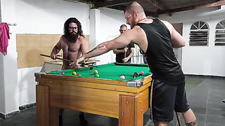 three engaged players frolicking pool for a reward of their caboose