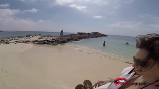 Miriam Prado Busty does a hand job with cumshot on her tits on the beach