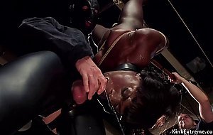 Gimp slave fucks tied ebony trainee