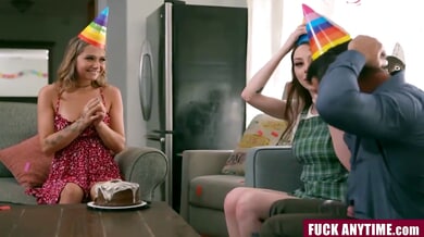 Birthday girl rides tattooed lover while her friend joins in the bedroom celebration