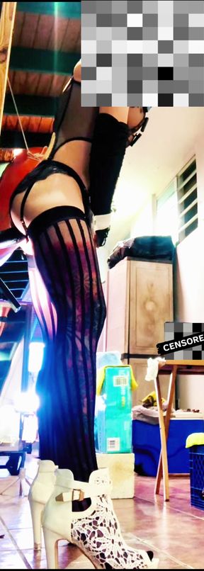 Sexy Transgender Black Stocking Riding Anal Dildo at the Wall