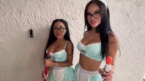 2 Sexy Busty Plump-assed Maids - Petite Asian & Hot Latina - Amaze Their Boss With Crazy 3-some