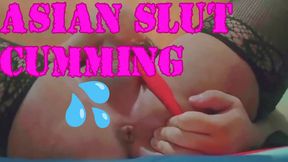 CLOSEUP CUMSHOT ASIAN SISSY CROSSDRESSER IN RED THONG AND LINGERIE