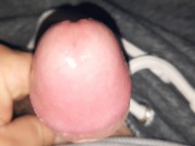 Small uncut grower not shower, precum, slow foreskin rolling close up, glistening precum play