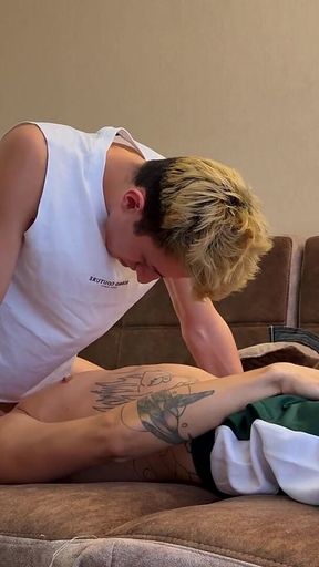 Guy Licks His Friend's Legs, Throat and Cute Twink's Ass