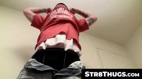 Str8Thugs.com - Cute straighty with tatts jerking off in front of a mirror with a cum