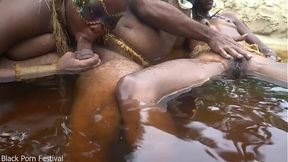 Skinny busty tribal minxes give sloppy BJ on village chief's rod