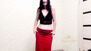 Freaky dark haired mom shows off her long boobies and areolas to her fans / Angela-mom