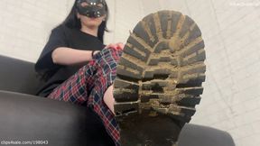Disgusting muddy boots worship, smoking and spitting into slave’s mouth
