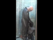 part 2 of wetsuited siliconed masked guy humping, cumming and pissing on dummy