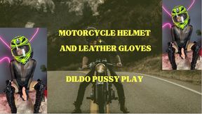 Motorcycle helmet, leather gloves dildo play