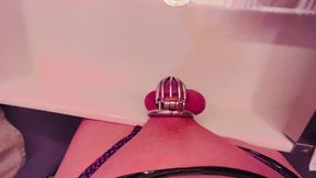 SISSY PISSING THRU CHASTITY CAGE