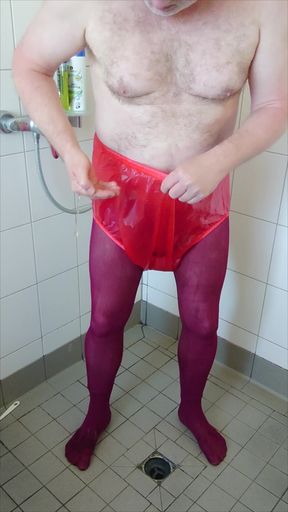 Incontinence Fun in Hot Pantyhose and Rubber Pants