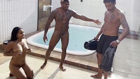Cheating busty Latina wife fucks with her husband's best friend near the pool