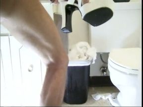 Horny bitch starts masturbating in the bathroom when hunk comes along to fuck her