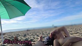 French Teacher Masturbates Pussy Legs Open on Nudist Beach in Front of Voyeurs Caught by Passersby