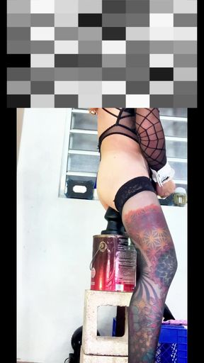 TS Croosdresser Tiny Shemale Beautiful Ass in Lingerie Stockings Riding Huge Black Dildo