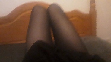 Femboy showing sexy legs in tights playing with dildo and trying self-fuck