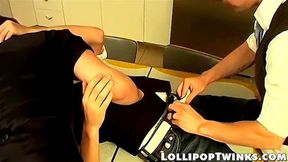 Threesome anal and blowjob session with office twinks