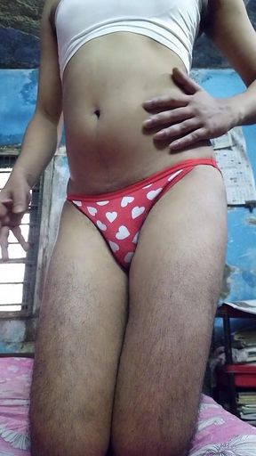 Indian Teen Boy Wearing Sports Bra and Red Heart Panty