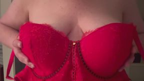 Sexy Red Lace Corset Bra & Big Natural Tits