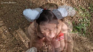 My quadrober GF ran away to the forest, but I found her and fucked in the mouth