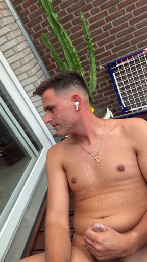 Cute German twink jerks off naked in the garden with lots of cum