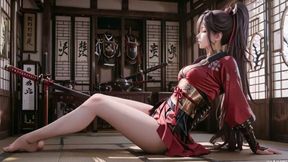 Crimson Samurai! Red-haired Warrior Kneeling in the Sun