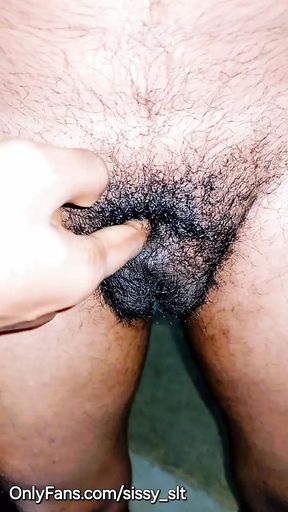 Femboy try to get her hairy flaccid micro impotent penis hard erect