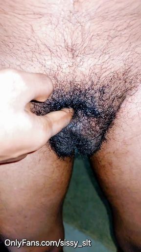 Femboy try to get her hairy flaccid micro impotent penis hard erect