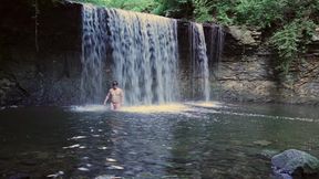 Muscular Asian Hunk Flexes in Speedo by Waterfall - Tight Ass & Hole Tease, Strips Naked & Explodes with Massive Cumshot