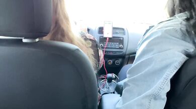 Big tits riding thick cock while wife watches from the driver's seat