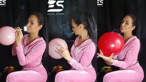 Filling balloons with smoke breath in a velour tracksuit