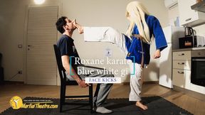 Roxane blue and white gi face kicks