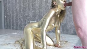 beauty in gold paint sucks cock and fucks in different poses - laloka4you