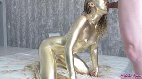 beauty in gold paint sucks cock and fucks in different poses - laloka4you