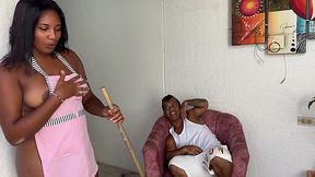 Juicy latina does household chores almost naked in front of her stepbro and gets her pussy fucked hard