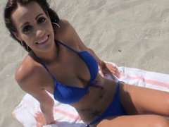 Bikini beach babe pussy fucked hard after being spied on