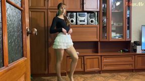 Heather Takes off Skirt to Model Tan Pantyhose