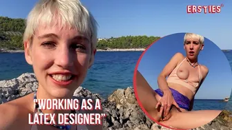 Cute blonde Annika fingers her hairy pussy outdoors in public