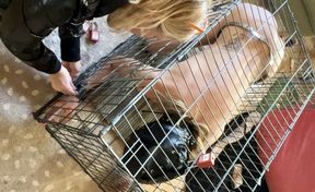 Chastity slave locked in cage gets femdom fisting and feet