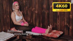 Lisa stretching in the sauna