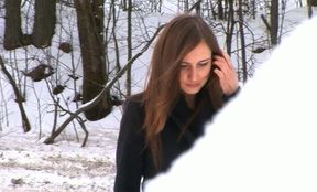 Magnificent and elegant redhead Russian teen pulls down her jeans and pisses on the snow