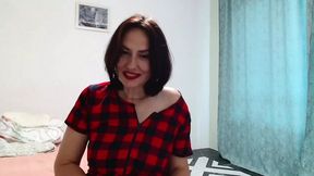 Hot MILF moans as busty brunette plays with her big natural tits and hairy pussy under the table