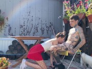 Invited a real prostitute in fishnet tights to cottage and fucked hard