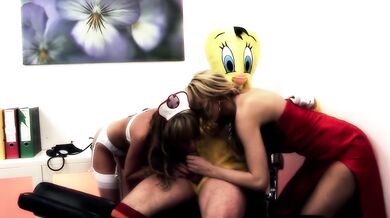 Nurse in a doctor’s office fucks a blonde with her perfect shaved pussy